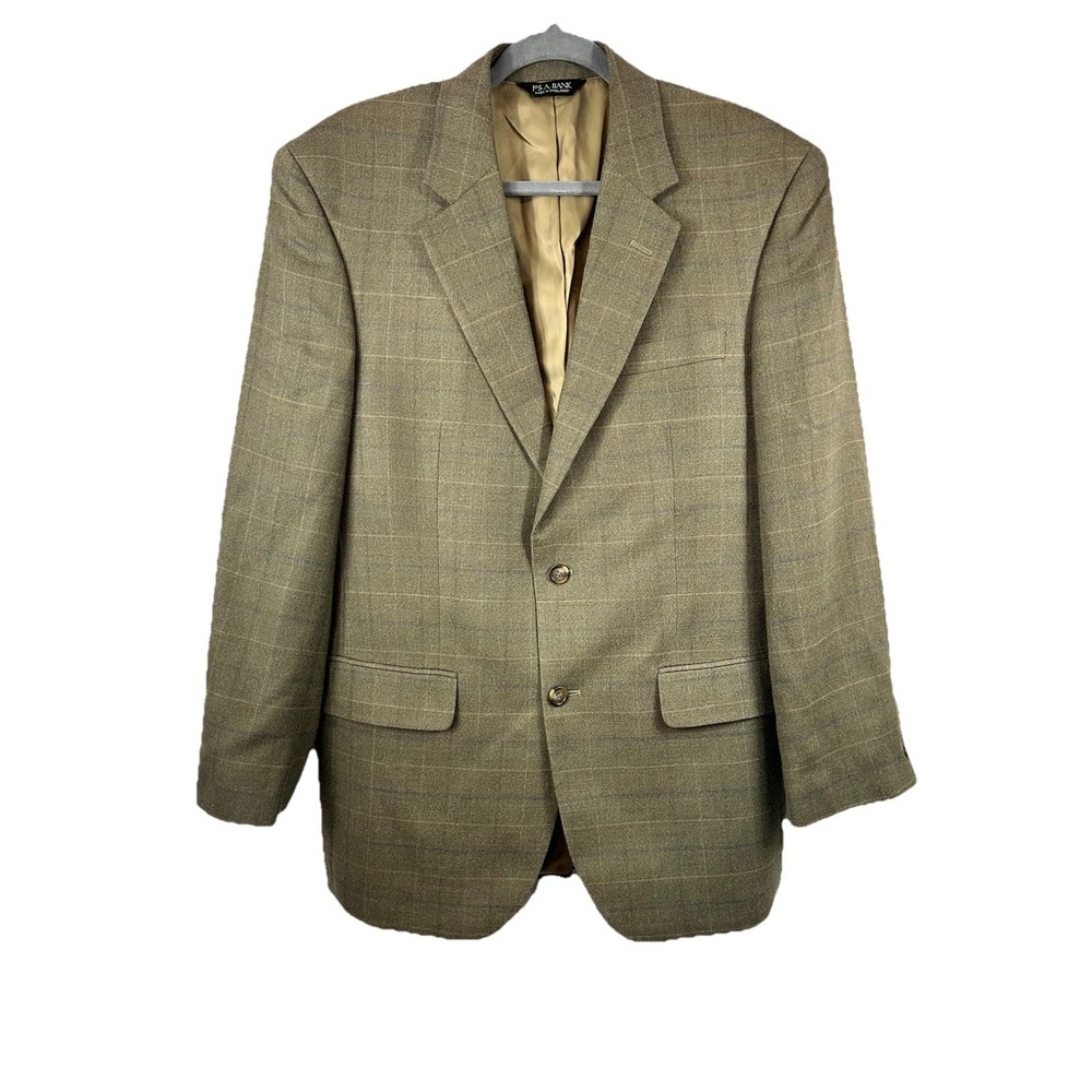 Jos. A. Bank 40R Silk Wool Blazer Windowpane Sport Coat Dark Academia Tan Green